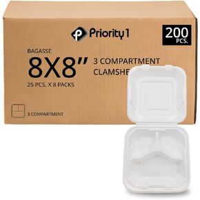 Priority1 Paper 8x8 Inch, 200 Count, 3 - Compartment Clamshell, 100% Compostable to Go Containers with Hinged Lid, Natural Disposable Bagasse, double-lock closure, preventing food from leaking out