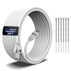 30FT Cat6 Ethernet Cable, Cat 6 Patch Cable, Cat6 Internet Cable, UTP Network Cable, Indoor and Outdoor, PoE, 24AWG CCA, Compatible for PC, Laptop, Router, Switch, Server, with 25 Cable Ties - White