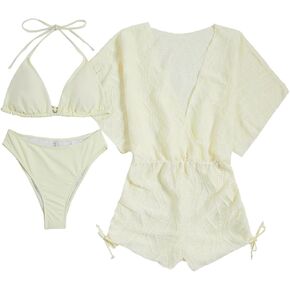 SHENHE Women's Swimsuit Bikini Set Drawstring 3 Piece Halter Bathing Suit with Cover Up
