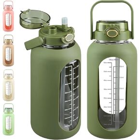 SIEROZUR 74oz Glass Water Bottle with Straw 2.2L Large Gallon Motivational Water Bottle with Handle and Time Marker Wide Mouth Water Jug with Silicone Sleeve