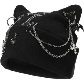 Goth Cat Beanie Goth Hat Accessories Punk Cat Ear Beanie Hat for Women Y2k Grunge Gothic Beanies Knitted Hat Streetwear Black