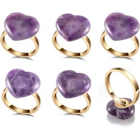 Set of 6 Napkin Rings, Elegant Natural Amethyst Crystal Stone Heart Shaped Napkin Ring Holders with Gold Ring for Valentine’s Day Wedding Dinner Parties, Purple
