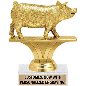 Crown Awards Pig Trophy - 6" Gold Pig Trophy Engraved On White Marble Base Prime