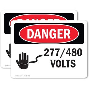 (2 Pack) 277 480 Volts OSHA Danger Sign 7 Inch X 5 Inch Vinyl Label Decal Sticker Weather Resistant, UV Protected for Workplace, Business, and Construction Site, Made in the USA