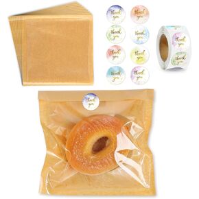 200 Pcs Heat Sealable Bakery Bags with Window, 7.1 x 7.5 Inch Grease Resistant Kraft Paper Food Bags with Paper Stickers for Packaging Donut Bread Cookie Goods Sandwich Baked Treat