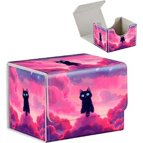 High-Capacity Art Deco Card Deck Box - Ideal Trading Card Game Storage Solution with Compact Size, and Easy Access - PU Leather Fits for TCG CCG Magic Cards(Pink Clouds Cat)