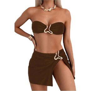 MakeMeChic Women's 3 Piece Bikini Set Bandeau Swimsuit High Waist Bathing Suit with Cover Up Skirt
