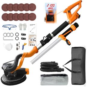 Electric Drywall Sander (1050W) With Vacuum, Heavy Duty Drywall Sander with LCD Digital Display,9 Variable Speed 800-2100RPM,Foldable & Extendable Handle,12pcs Sanding Discs,Wood Floor etc