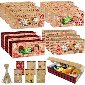 24 Christmas Cookie Boxes, Large Christmas Kraft Paper Treat Boxes with Tags Holiday Cookie Boxes for Gift Giving Xmas Cookie Cake Bakery Donuts