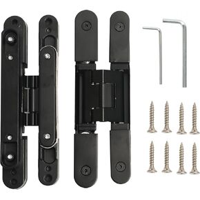 Ultra-Thin Hidden Door Hinge Invisible Hinges, Zinc Alloy 180 Degree Swing Concealed Hinges, 3 Way Adjustable Butt Hinge with Screws Black 2 pcs