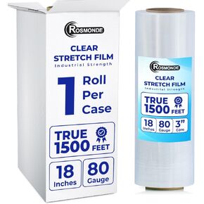 18" Stretch Wrap, 1 Pack 80 Gauge Thick, 18" Shrink Wrap, True 1500 ft Pallet Wrap, 20 Microns Heavy Duty Industrial Strength Film, Puncture Resistant for Pallet Wrapping and Moving Supplies