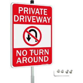 GicnKeuz Private Driveway No Turn Around with 36" Metal Stake Signs, 14 x 10 Inches Reflective Aluminum Signs, Fade Resistant/Waterproof, Easy to Install, Outdoor Use （1 Pack）