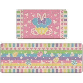 Easter Bunny Pastel Kitchen Rugs Set of 2, Colorful Rabbit Easter Eggs Kitchen Mats Decor, Spring Stripes Polka Dots Floor Door Mat Home Decorations - 17x29 and 17x47 Inch