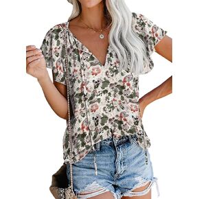SimpleFun Women's Boho Tops Floral V Neck Short Sleeve Summer Blouse Shirts