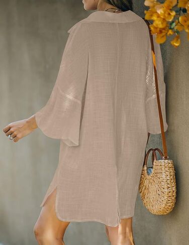 Ai'Mage Women Deep V الرقبة تغطية قمصان من الكتان القطن غير الرسمي in Kuwait