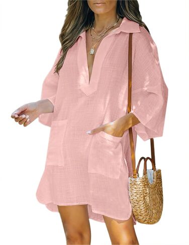 AI'MAGE Women Deep V Neck Cover Up Casual Cotton Linen Shirts Beachwear Bikini Pool DressHalf Sleeve in Saudi Arabia