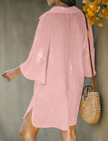 AI'MAGE Women Deep V Neck Cover Up Casual Cotton Linen Shirts Beachwear Bikini Pool DressHalf Sleeve in Saudi Arabia