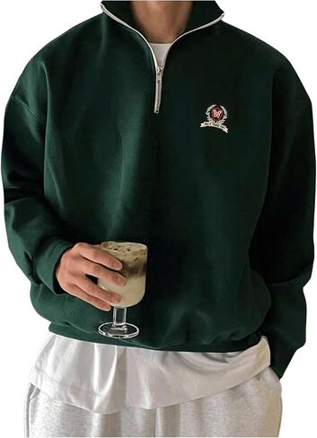 Men's Embroidery Quarter Zip Sweatshirts Preppy Long Sleeve Mock Neck Drop Shoulder Pullovers Tops in Saudi Arabia