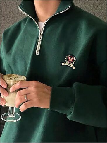 Men's Embroidery Quarter Zip Sweatshirts Preppy Long Sleeve Mock Neck Drop Shoulder Pullovers Tops in Saudi Arabia