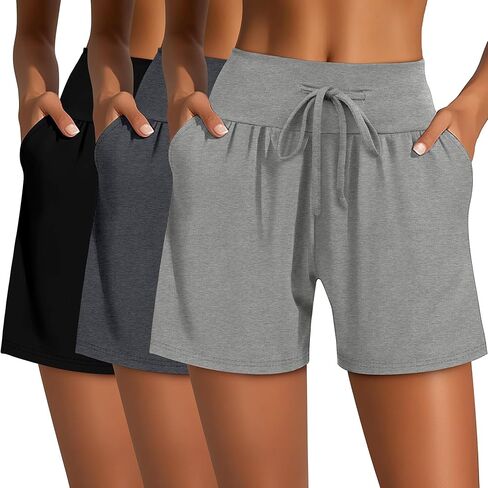 Neer 3 Pack Women's Sweat Shorts Cotton Drawstring High Waisted Summer Casual Workout Lounge Shorts with Pockets in Kuwait