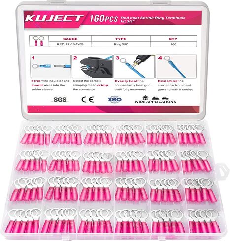 Kuject 160pcs محطات حلقة تقليص الحرارة 3/8 "، موصلات الأسلاك النحاسية المتدلية ، مجموعة أطراف الأسلاك الكهربائية لشاحنة القوارب البحرية للسيارات- أحمر 22-16 in Kuwait