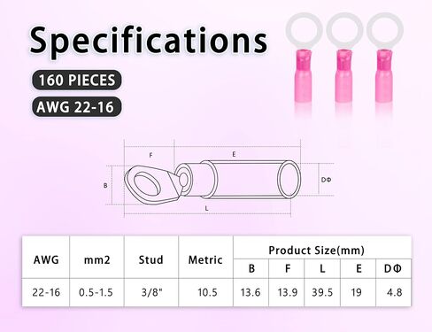 Kuject 160pcs محطات حلقة تقليص الحرارة 3/8 "، موصلات الأسلاك النحاسية المتدلية ، مجموعة أطراف الأسلاك الكهربائية لشاحنة القوارب البحرية للسيارات- أحمر 22-16 in Kuwait
