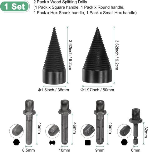 2-Pack Wood Splitter Drill Bit 38mm + 50mm + 4 Handles (Square + Round + Hex Shank + Small Hex) Firewood Log Splitter Drill Bit for Family/Outdoor/Stove/Farm [Black+Grey] in Saudi Arabia