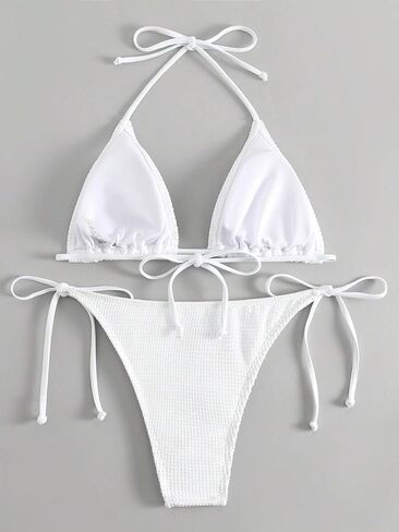 MakeMeChic Women's 2 Piece Halter Triangle Bikini Sets Textured Swimsuit Tie Side High Cut Bathing Suit in Saudi Arabia