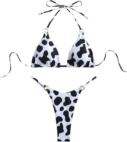 GORGLITTER Women's Cow Graphic Swimsuit Triangle Micro Halter High Cut String Thong Ring Bikini Set in Saudi Arabia