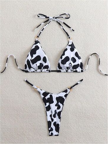 GORGLITTER Women's Cow Graphic Swimsuit Triangle Micro Halter High Cut String Thong Ring Bikini Set in Saudi Arabia