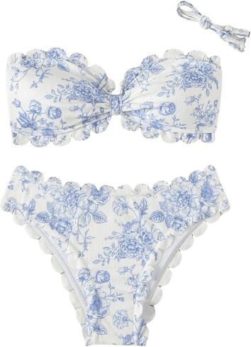 Shenhe Women's 2 قطعة Bandeau Bikini مجموعات الأزهار طباعة الأسقلوب البوهو بلا حمالات in Kuwait