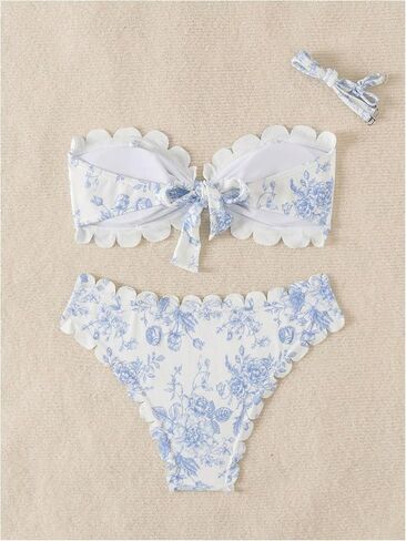 Shenhe Women's 2 قطعة Bandeau Bikini مجموعات الأزهار طباعة الأسقلوب البوهو بلا حمالات in Kuwait