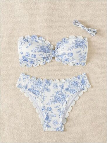 Shenhe Women's 2 قطعة Bandeau Bikini مجموعات الأزهار طباعة الأسقلوب البوهو بلا حمالات in Kuwait