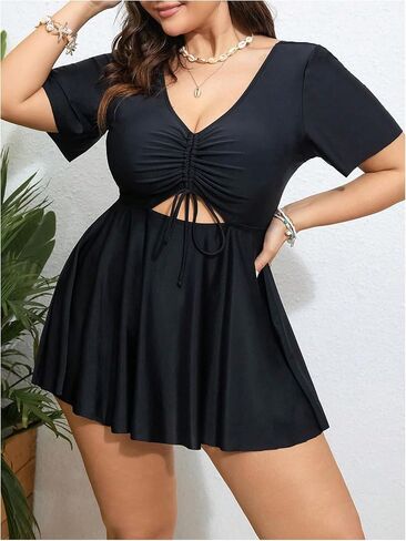 MakeMeChic Women's Plus Size One Piece Swimsuit V Neck Cut Out Tie Back Swim Dress Bathing Suits in Saudi Arabia