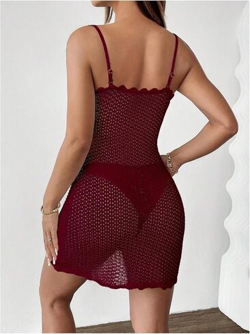 MakeMeChic Women's Hollow Out Crochet Dress Spaghetti Strap Knit Mini Dresses Swimsuit Cover Up in Saudi Arabia