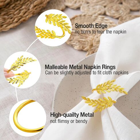 12PCS Napkin Rings, Gold Napkin Rings for Table Setting Gold Leaf Napkin Rings for Dining, Anniversary, Birthday, Holiday, Party, Wedding Table Decoration, Metal Leaf Napkin Holder Rings in Saudi Arabia