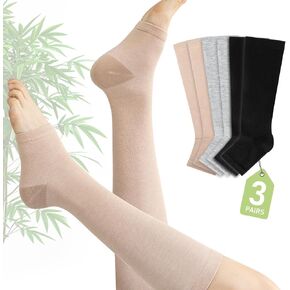3Pairs Compression Stockings for Women Men 20-30 mmHg Open Toe Compression Socks Knee High Toeless Support for Circulation, Varicose S/M (Black&Nude&Gray)