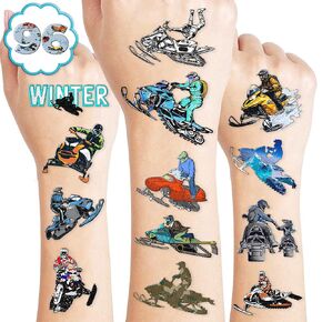 100 PCS Snowmobile Temporary Tattoos Stickers Birthday Party Decorations Favors Supplies Winter Snow Skiing Snowmobile Wheels Sports Girls Boys Classroom School Prizes Reward