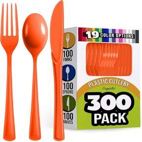 300 Pack Orange Plastic Cutlery Set, Plastic Silverware Heavy Duty, Plastic Utensil Sets, 100 of Each Plastic Forks, Spoons & Knives Disposable Cutlery Set For Party Supplies Exquisite