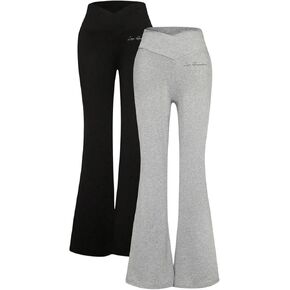 Girl's 2 Packs Crossover High Waisted Flare Pants Letter Print Bell Bottoms Sports Tack Trousers