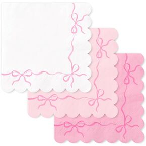 150Pcs Pink Bow Napkins Watercolor Bow Disposable Napkins with Scalloped Edge White Pink Paper Luncheon Dinner Napkins for Wedding Birthday Party Table Supplies