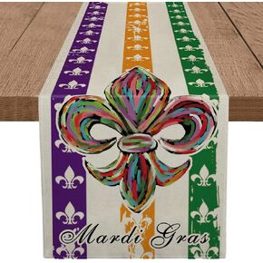 Mardi Gras Table Runner Fleur De Lis Purple Orange Green Stripe Irish Carnival Holiday Kitchen Dining Home Party Decorations 13x72 Inch