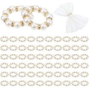 60 Pcs Wedding Pearl Napkin Rings Imitation Pearl Beaded Napkin Rings Holder Silver White and Gold Elastic Dinner Table Decor Rhinestone Serviette Rings for Table Party Decorations