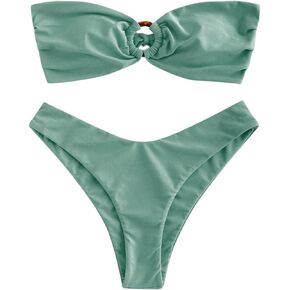 ZAFUL Women's Bandeau Bikini O Ring Strapless Tie Back High Cut Two Piece Swimsuit Bathing Suits (1-Light Green, M)