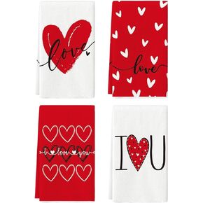 Artoid Mode Red Hearts Love You Valentine's Day Kitchen Towels Dish Towels, 18x26 Inch Anniversary Wedding Decoration Hand Towels Set of 4