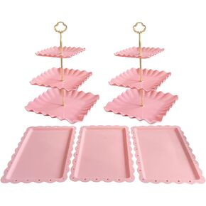 5 Pcs Cupcake Stand Set - Pink Plastic Dessert Table Display Set, 2x Pink Square 3 Tier Cupcake Display Stands Cookie Tray Rack Serving Tower & 3x 14 in Plastic Trays for Wedding Baby Shower Tea Party