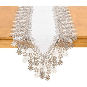 White Beige Floral Lace Table Runner Dresser Scarf 36 inches Long for Kitchen Dining Coffee Table Parties Wedding Home Decor (White, 16" x 36")