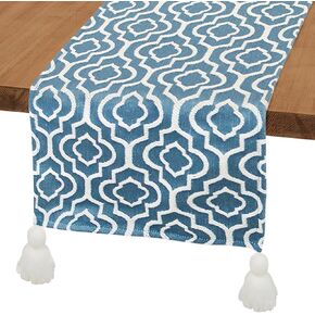 FEXIA Blue Table Runner 12x70 Inches Long for Home Decor Modern Scarf Décor Quatrefoil with Tassels Moroccan Design Stylish Vintage for Bohemian Dining Room Table Decor (Blue)