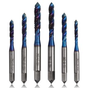 Mesee 6 Pieces Spiral Flute Tap Set SAE Size Nano Blue Coated HSS Machine Screw Taps 6-32NC 8-32NC 10-24NC 10-32NC 12-24NC 1/4-20NC Screw Threading Tap Drill Bits Thread Tapping Tool