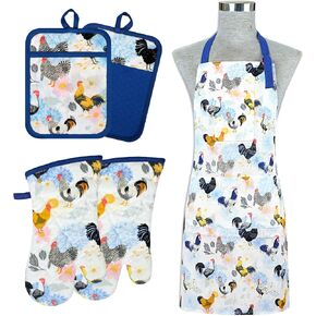 Oven Mitts and Pot Holders with Chef Apron,set of 5 Heat Resistant Kitchen Gloves and Silicone Non-Slip Potholders Adjustable Neck Buckle Chef Apron, Cotton Nice Design for Cooking (Rooster)